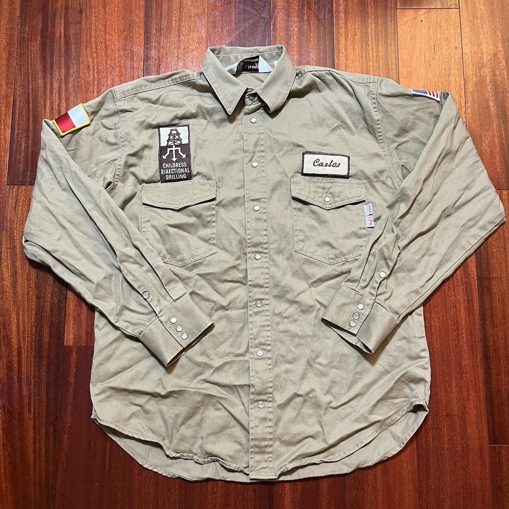 Summit FR Shirt Mens LR Large FireZero Tan Pearl Snap Mechanic Casual READ